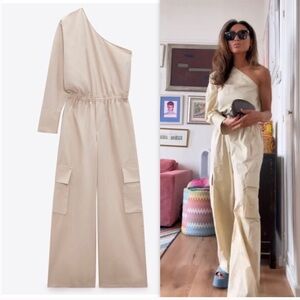 Zara NWT Asymmetric One Shoulder Cargo Jumpsuit.